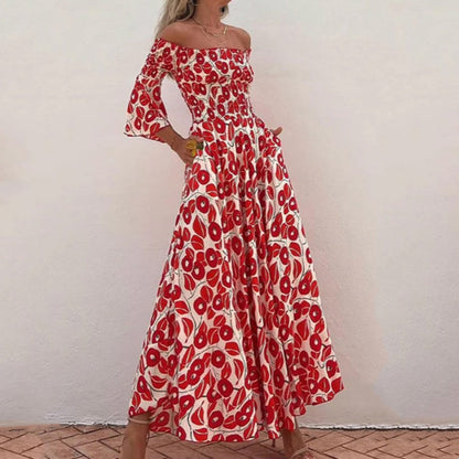 Close To The Vacation Floral Print Smocked Off Shoulder Pocketed Maxi Dress