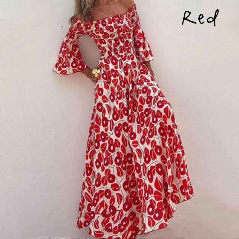 Close To The Vacation Floral Print Smocked Off Shoulder Pocketed Maxi Dress